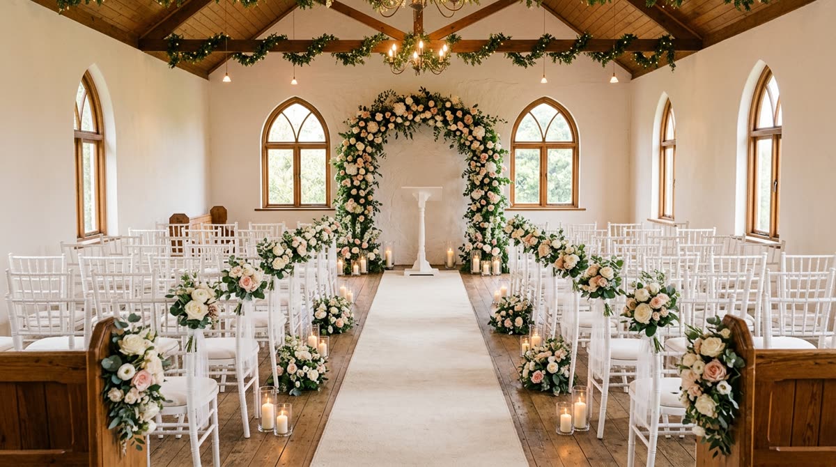 A small chapel set for a ceremony with an aisle runner, white chairs and a floral arch.