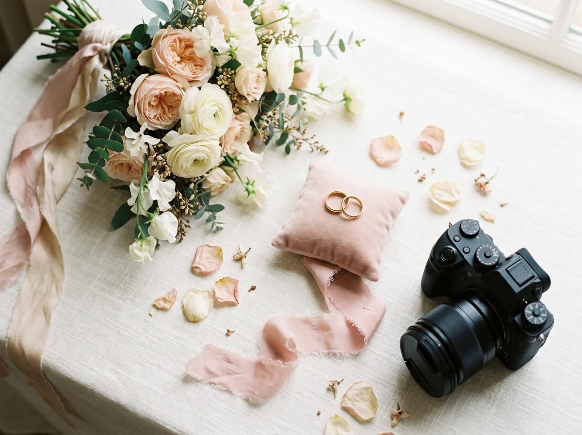 Flat-lay of a bouquet, two gold rings on a cushion, ribbon and a camera on ivory linen.