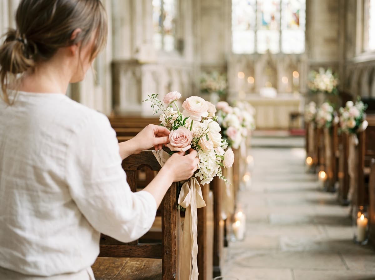 A coordinator's hands adjust a floral arrangement on the end of a chapel chair row.