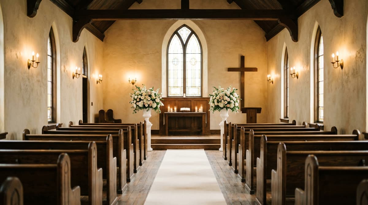 A classic chapel interior with wooden pews, an ivory aisle runner and tall arched windows.