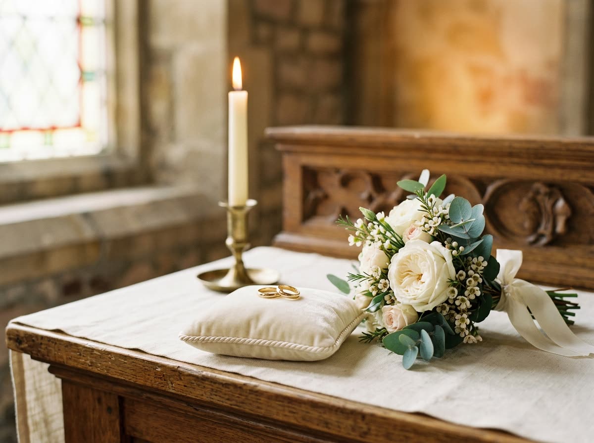 Two gold rings on a velvet cushion beside a white rose bouquet on an altar.
