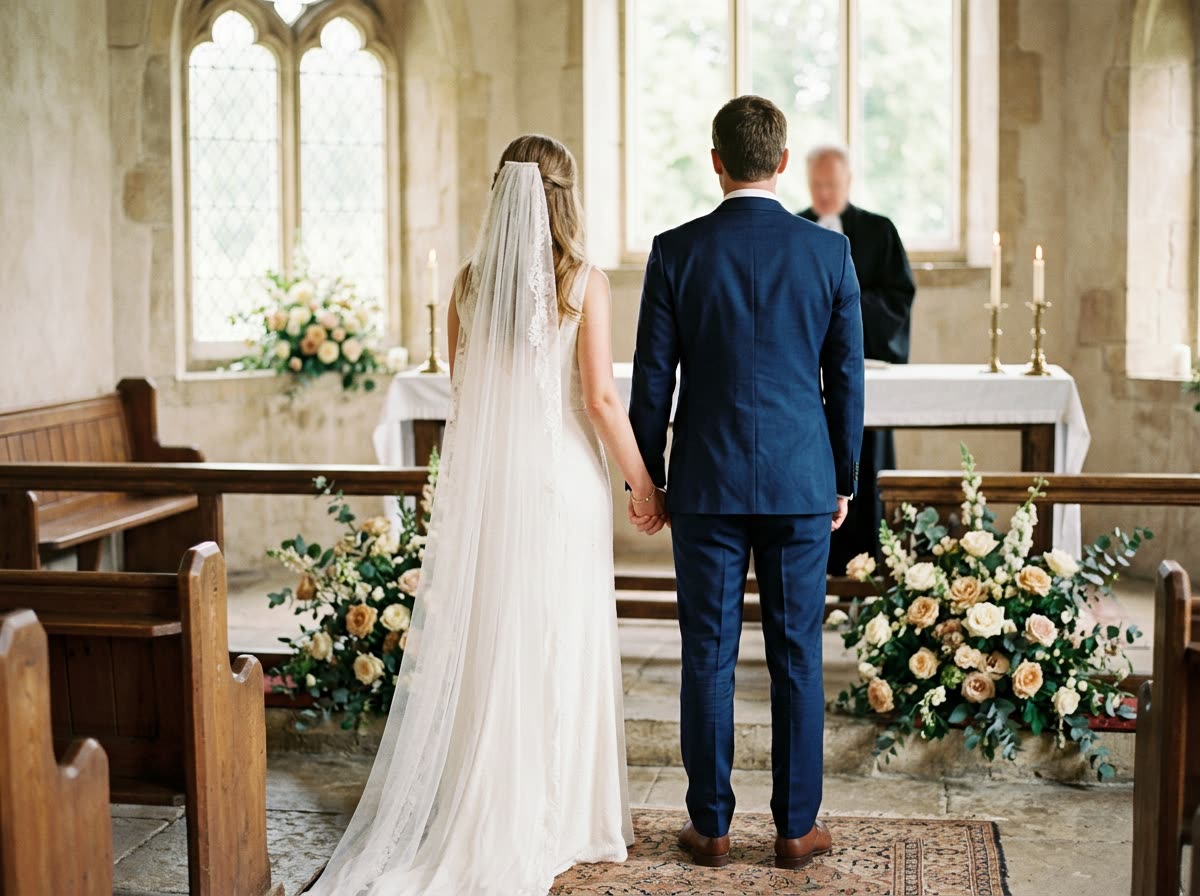 A couple stands hand in hand at a chapel altar, photographed from behind.