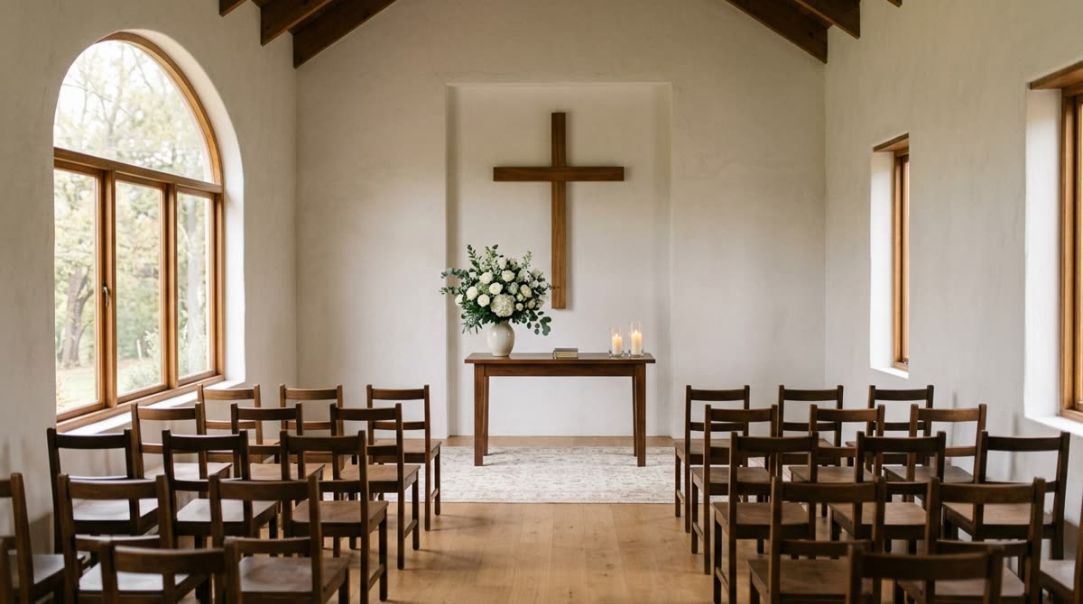 A small plain chapel room with wooden chairs and a single vase of white flowers.