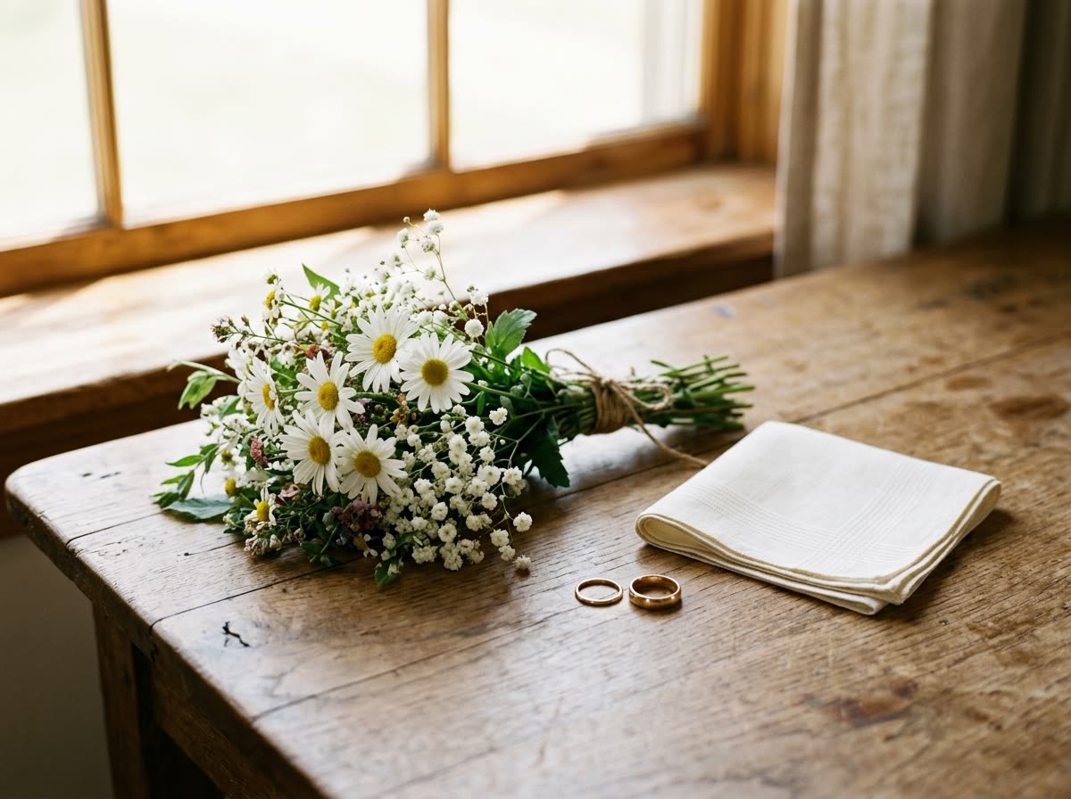 A small daisy bouquet, two plain wedding bands and a folded handkerchief on a wooden table.
