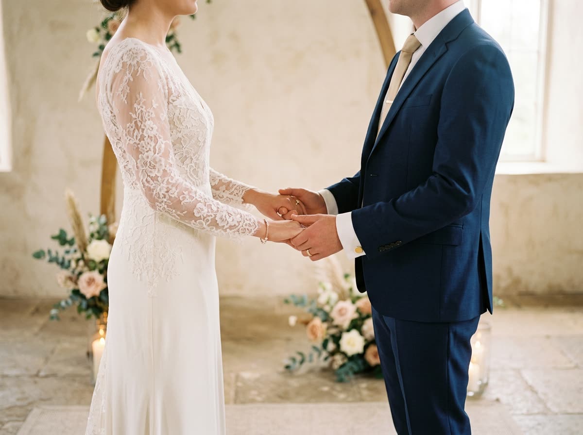 A couple in simple attire hold both hands facing each other, cropped below the chin.