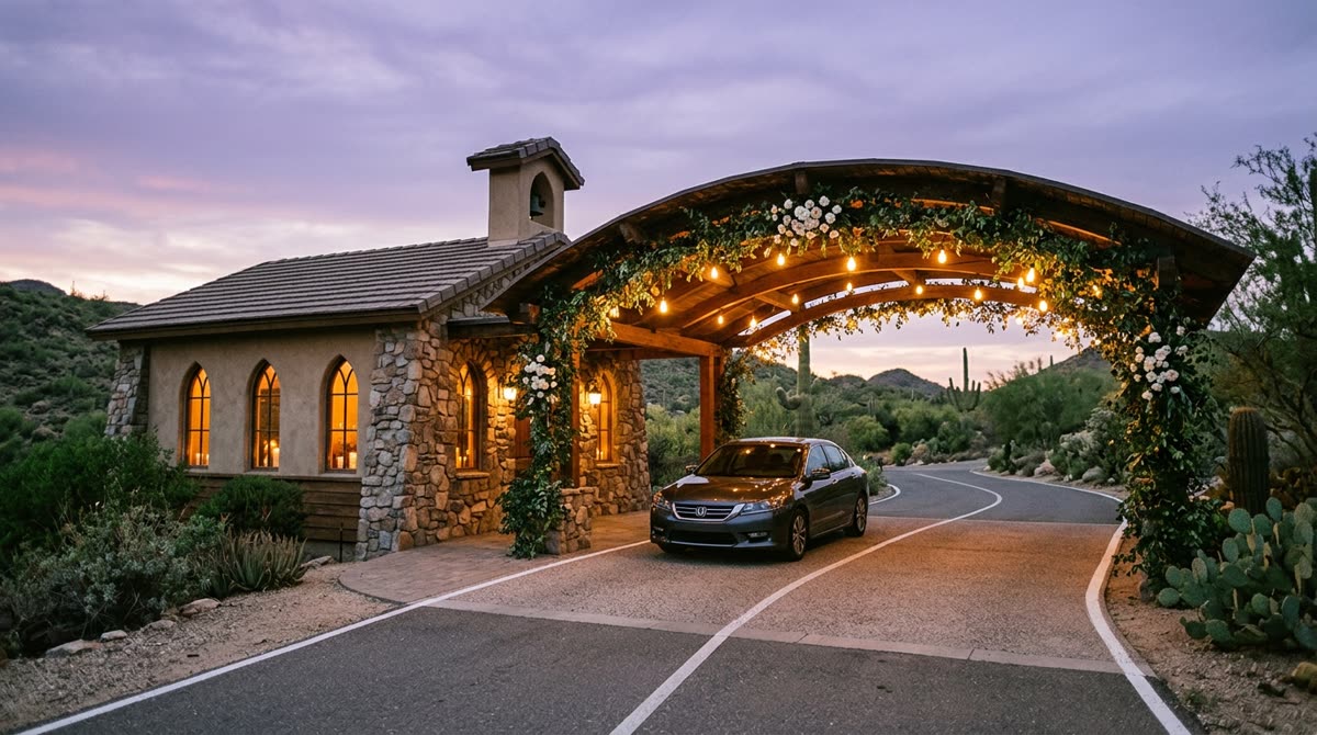 A car stopped under a string-lit covered drive-through lane beside a small chapel at dusk.