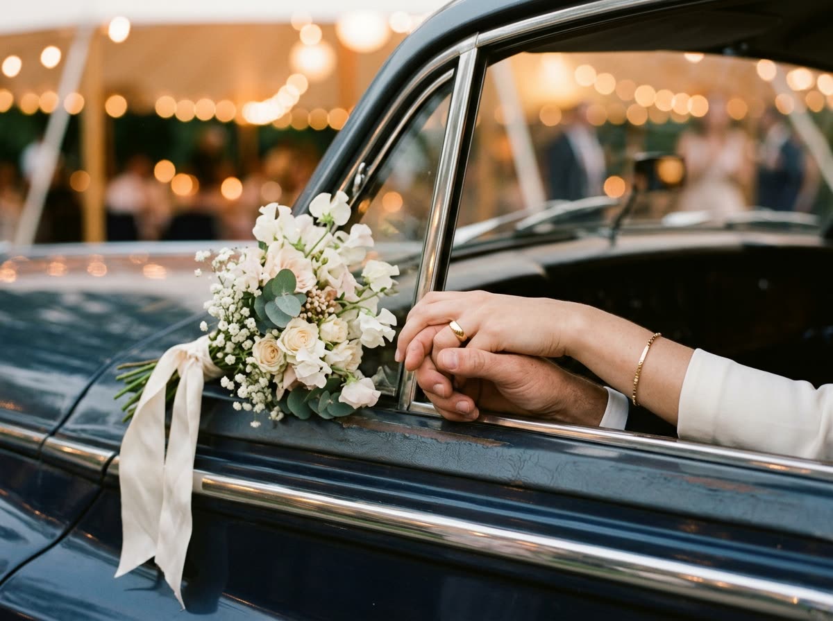 Two hands clasped across an open car window sill, one wearing a gold band, beside a bouquet.