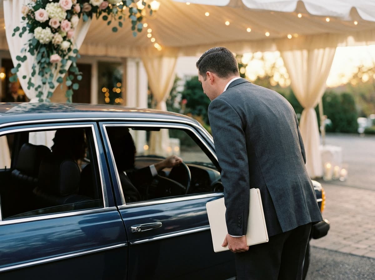 An officiant seen from behind leans toward an open car window under a lit canopy.