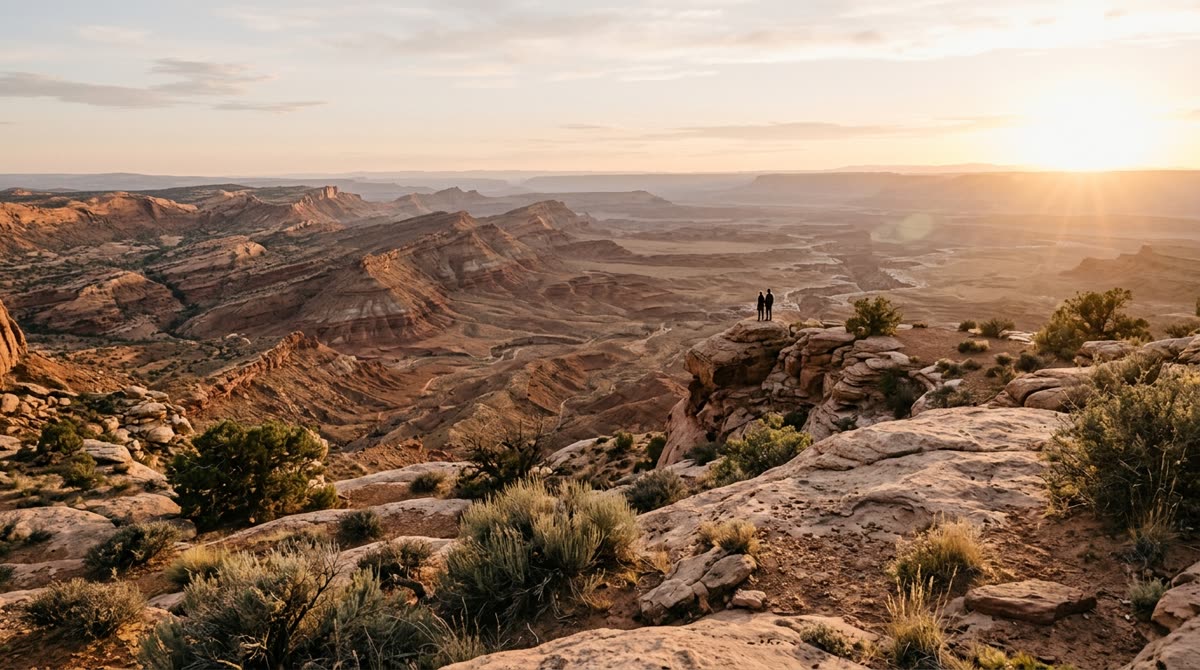 A desert overlook at golden hour with two tiny distant figures standing on a rock outcrop.