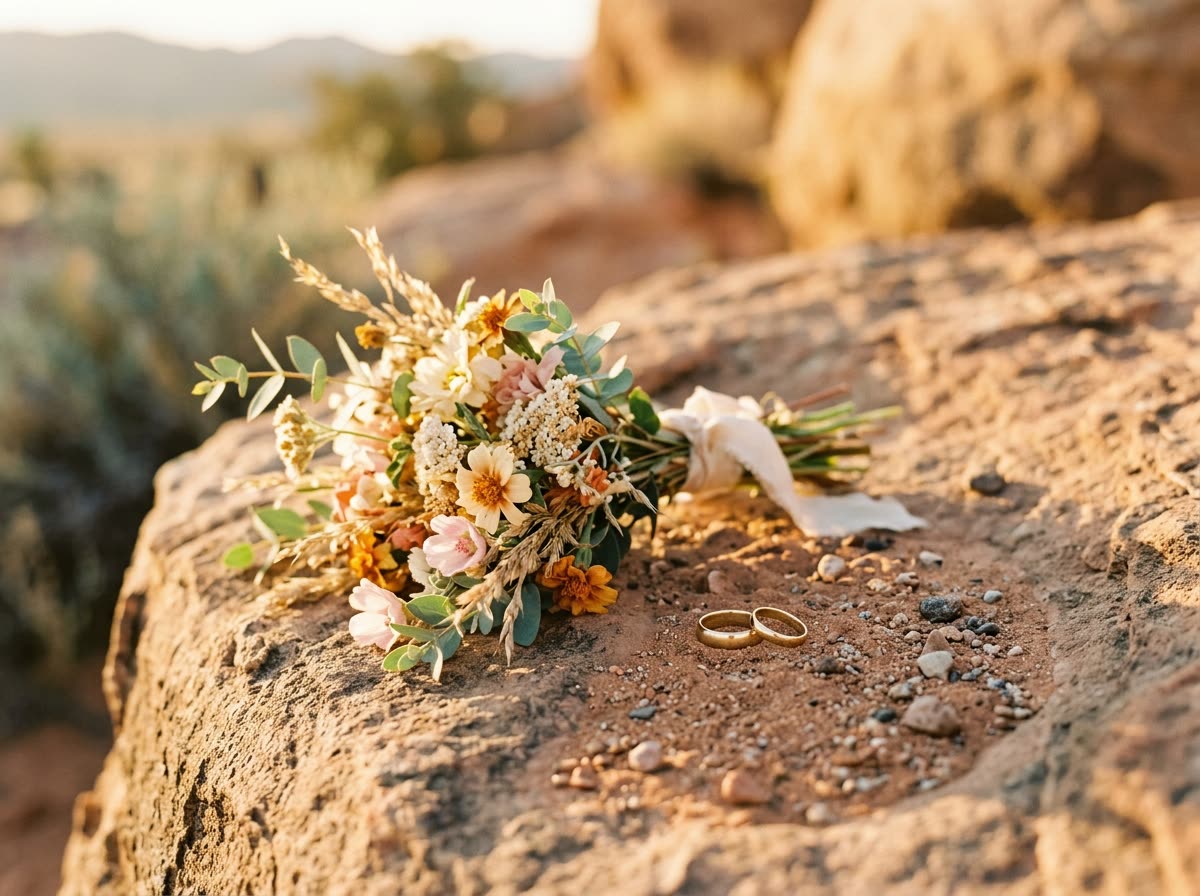 A small wildflower bouquet and two gold rings resting on a sunlit rock ledge.
