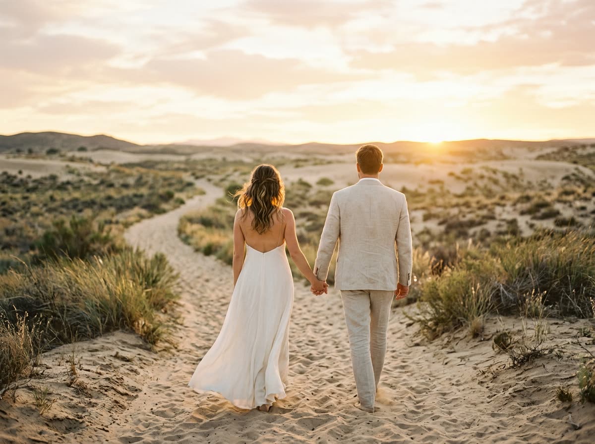 A couple walks hand in hand away from the camera along a desert trail at sunset.