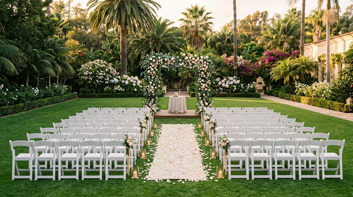 A garden lawn set with white chairs, a petal aisle and a greenery-covered ceremony arch.
