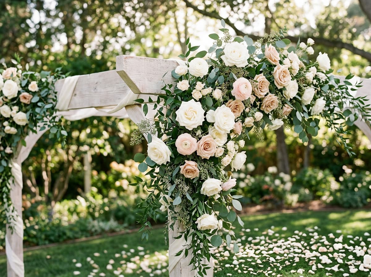 Close view of white roses and eucalyptus wired to a wooden ceremony arch in dappled sun.