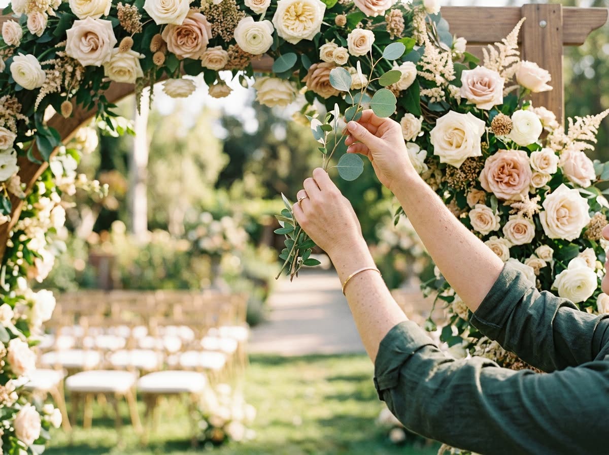 Hands and forearms tuck a sprig of greenery into an outdoor floral ceremony arch.
