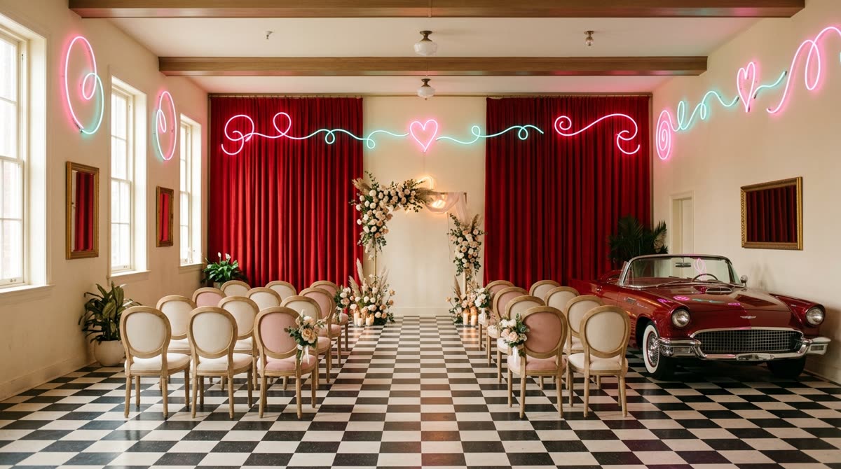 A retro ceremony room with velvet curtains, abstract neon tubing and a vintage convertible.