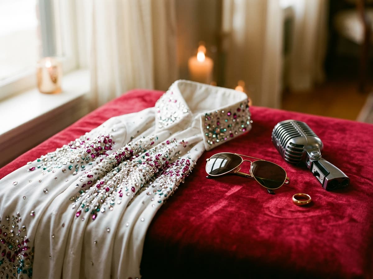 A rhinestone collar, gold sunglasses and a chrome vintage microphone on red velvet.