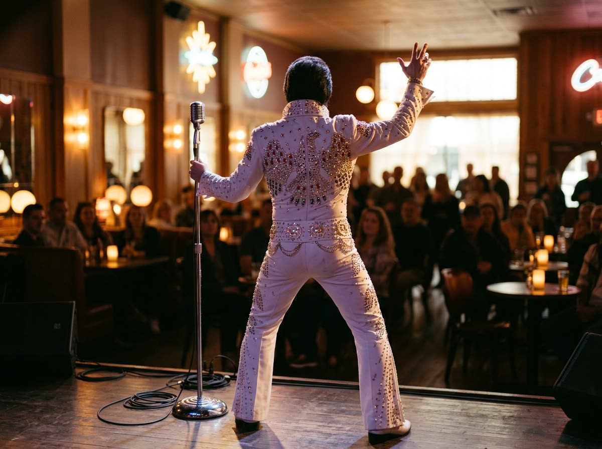 A performer in a white rhinestone jumpsuit at a vintage microphone, seen from behind.