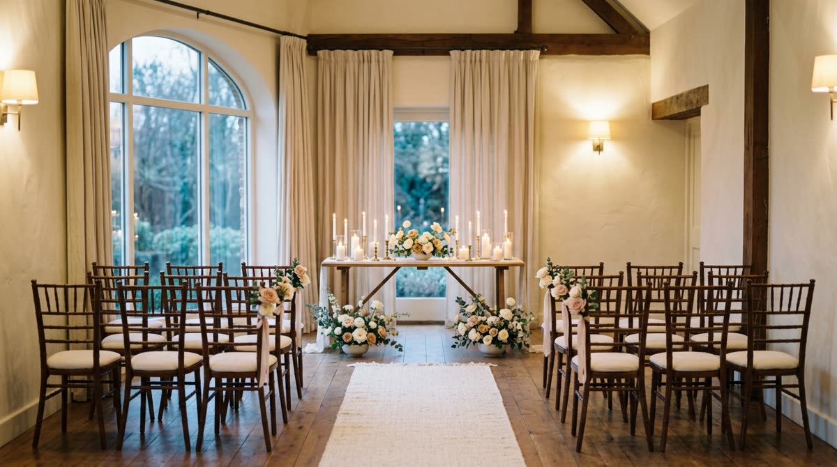 An intimate ceremony room with a short row of chairs and a candlelit table at the front.