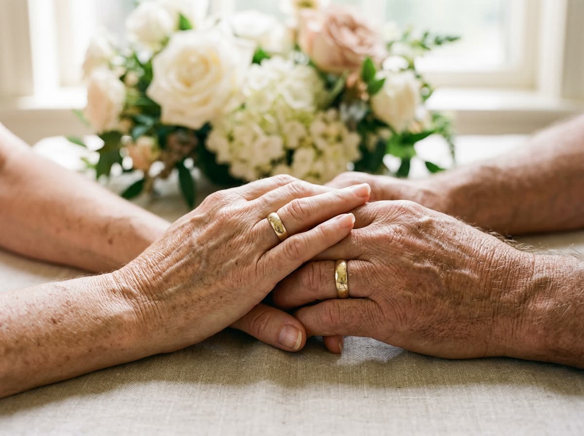 Two mature hands clasped together in soft light, both wearing worn gold wedding bands.