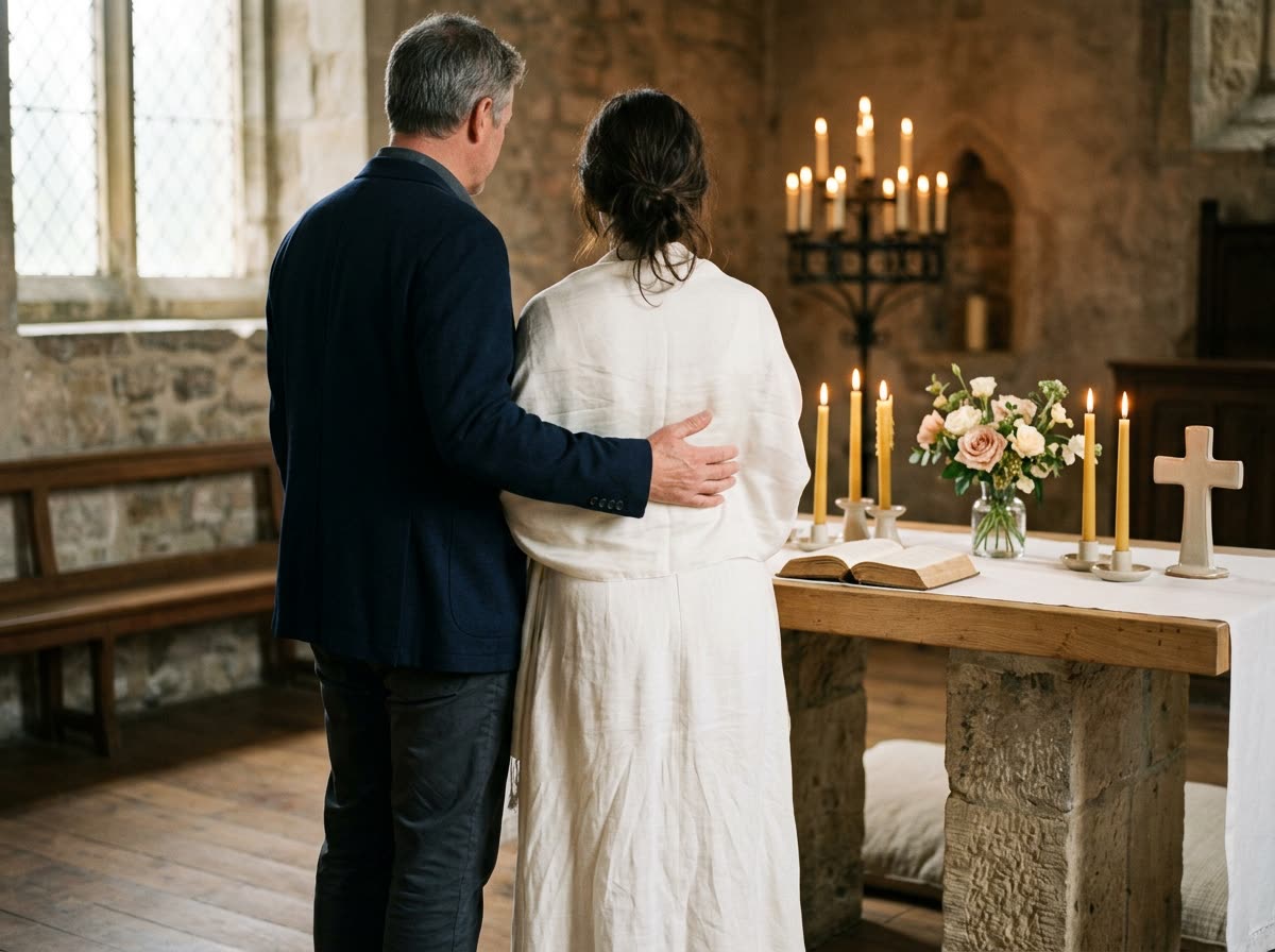 A couple stands close together at a candlelit altar table, photographed from behind.