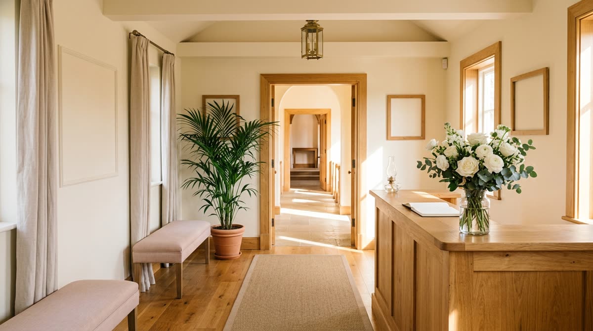 A small chapel lobby with a wooden counter, flowers, benches and a sunlit doorway.