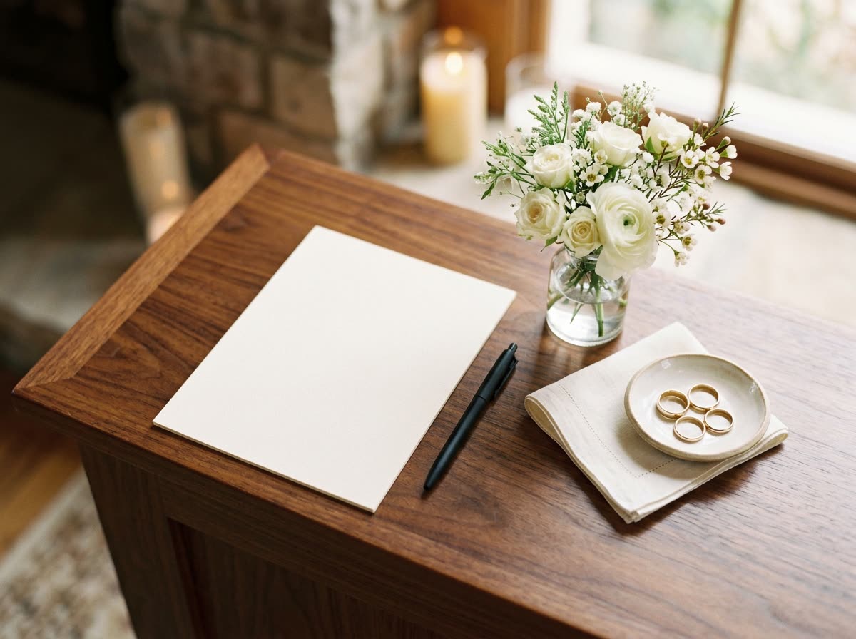 A blank paper form and pen on a wooden counter beside a small posy and gold rings.