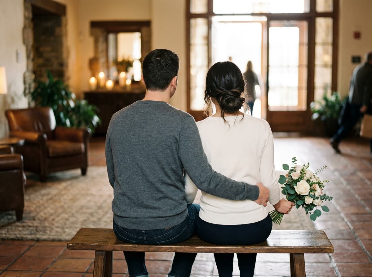 A couple sits side by side on a lobby bench, seen from behind, holding a small bouquet.
